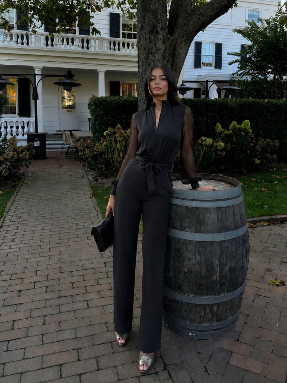 80’s Black Jumpsuit Sheer Sleeves Size Small Formal Jersey
